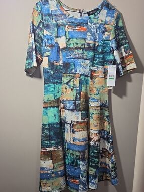 Karen Kane Blue Teal Multi Abstract Midi Dress
